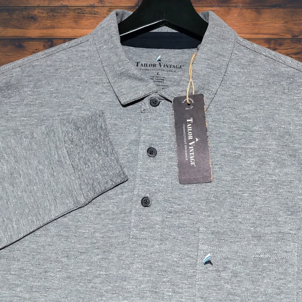 Tailor Vintage Polo Shirt Mens Large Gray Long Sleeve Golf Casual Stretch New